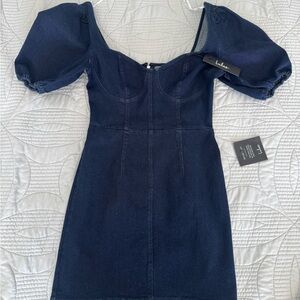 Lulu's Deep Blue Puff Sleeve Mini Dress